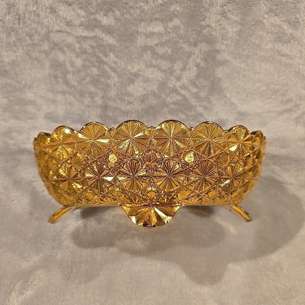 Vintage L.E. Smith Gold Glass Footed Bowl Daisy and Button Scalloped Oval Dish